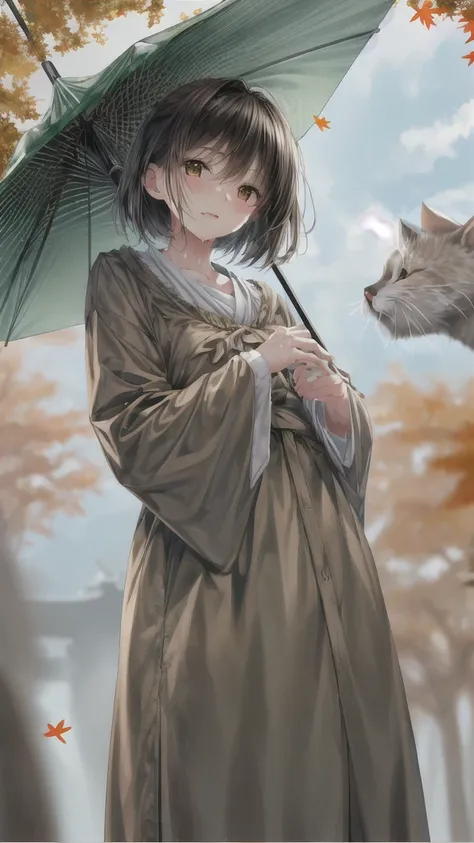 ((highest quality)), ((masterpiece)), (detailed), 8k, trying to rescue an abandoned cat in the park in the autumn rain、cute japa...