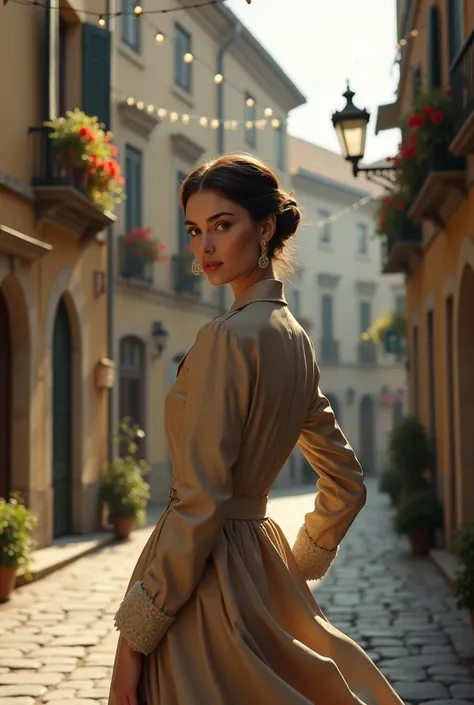 portrait of an elegant woman in vintage
 clothing, surrounded by the charming
 ambiance of a quaint, cobblestone
 street in a historic European town