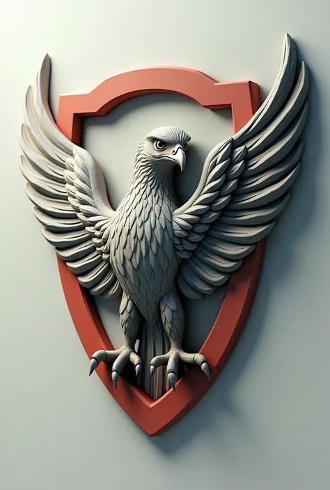 "Create a 3D model of the Corinthians logo with a stylized hawk. The logo should have the traditional Corinthians shape with a three-dimensional hawk, detailed and in a dynamic pose, integrated into the logo design."
