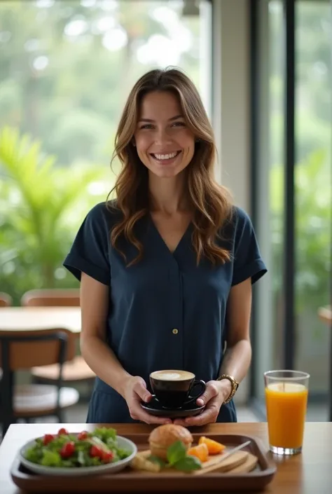 Génère-moi une image de loin au format paysage,  style lo-fi ,dune femme de 42 ans  et  1 mètre 57 pour 80 Kilos, souriante. de face .les cheveux longs châtain clair qui lui arrive aux omoplates , vêtu dun chemisier manches courtes  bleu marine et un panta...