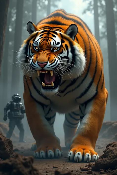 Very larger tiger big teeth dangerous body bilder tiger hunter monster artificial machine with gun