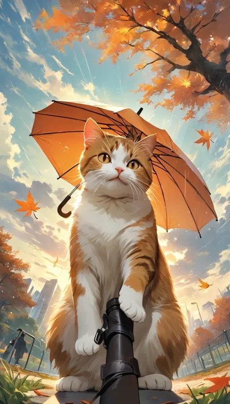 ((Highest quality)), ((masterpiece)), (detailed), 8k, Trying to rescue an abandoned cat in the park in the autumn rain、Cute Japanese Women、A little wet cute clothes、Protecting a kitten from the rain with an umbrella、In the park, where there is still a lot ...