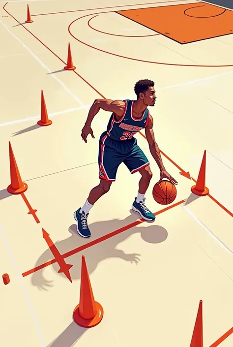 An illustration showing a player dribbling a basketball around a series of cones. The cones should be in a straight line, with arrows indicating the movement path.