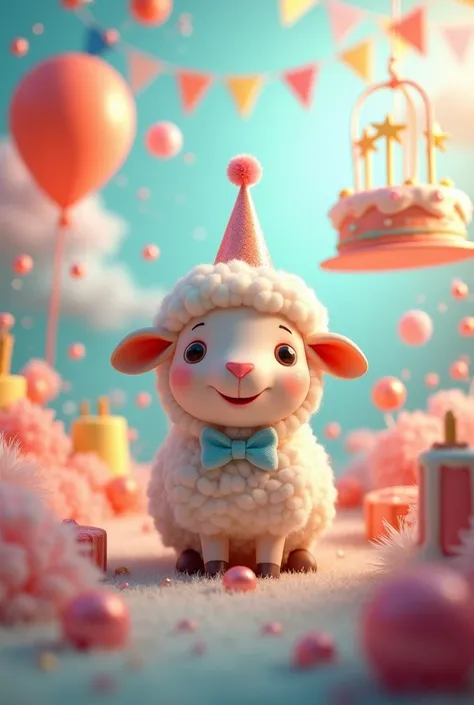 birthday、Whole cake、Cute smiling sheep、balloon、Soap bubble、Mobile、masterpiece、Highest quality、Photon Mapping、High Contrast、Multiple Exposure、lame、Glitter、gem