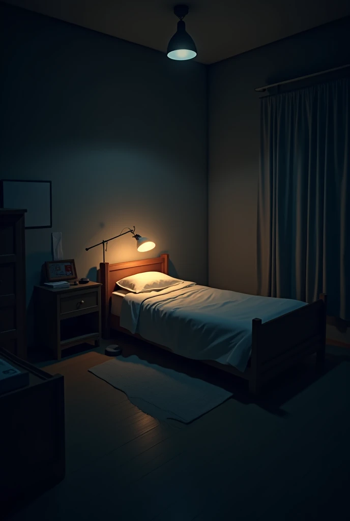 A dimly lit bedroom with shadows cast by a single, flickering bedside lamp