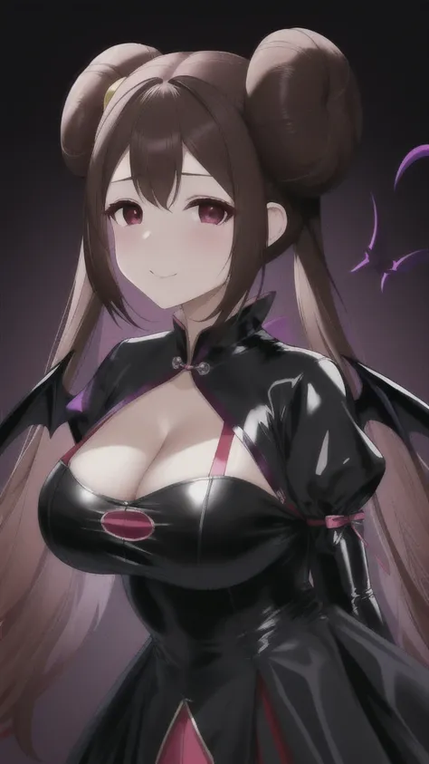  Erotic、Pokemon　May「Rose」、Brown hair twin tails bun、Big Breasts, alone, Black Latex China_dress, dark purple background,Red eyes、 Highest quality, Detailed face, Detailed eyes, High resolution,Upper Body、Evil female executive、Wicked Smile、Cleavage、Sexy pos...