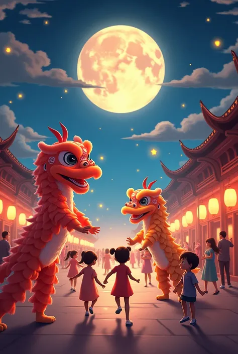 People are dancing dragon and lion in the shimmering mid-autumn moon night with children playing with star lanterns