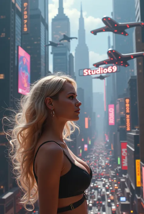 A blonde girl with curly hair and big breasts , taking a realistic photo, 2050s - The flying car concept "Create a hyperrealistic image of a futuristic city of the 2050s, Elements merge. View over a bustling, neon-lit cityscape. The city below has holograp...