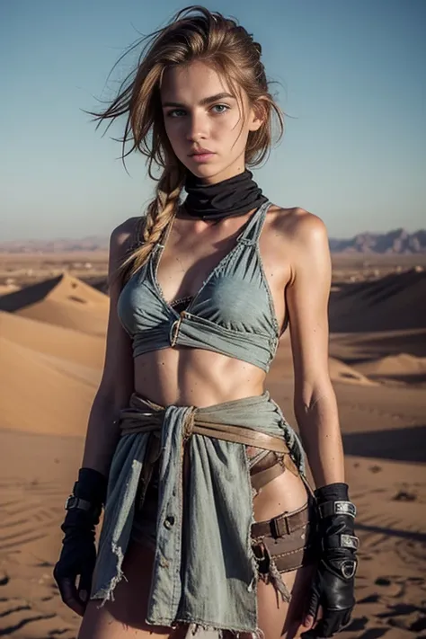 masterpiece, Cut to desert landscape at sunset, Lonely figure, beautiful american teenage girl appears in beautiful post apocalyptic nomadic clothes, White skin, Red hair, grey-blue eyes, freckles on the face, skinny running body, Very , very detailed face...