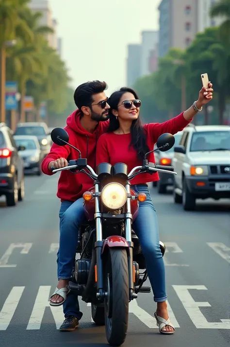 realistic indian 2 cute Couple setting with bike on a selfie. Boy Wearing Red hoodie with Nike shoes with black sunglasses, and girl wearing Red top and jeans with white Sandals with black sunglasses, with smart phone, he looks ahead. The background road f...