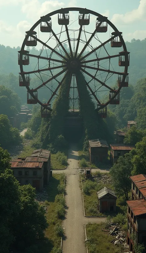 The camera pans over a abandoned giant wheel with crumbling structures and overgrown vegetation.top view