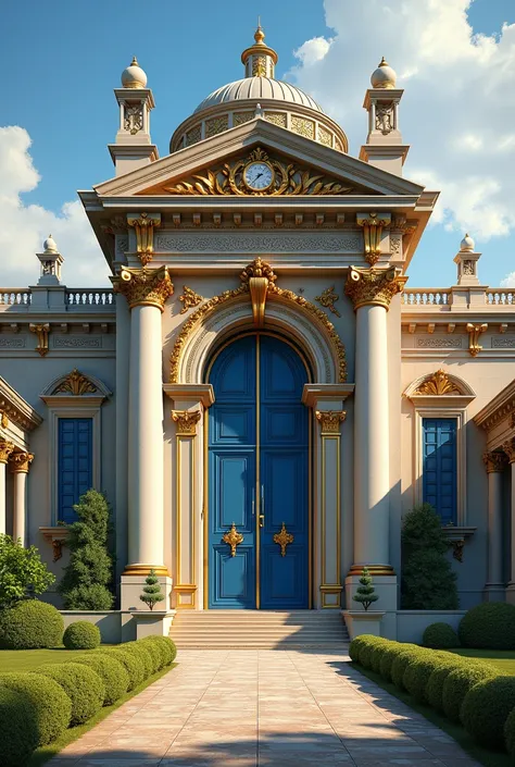 A huge castle like manor which is long on the sides. With the aesthetics of renaissance/18th century, has a gold entrance and add a little little bit of cobalt blue. Doors should be massive and so should be the structure