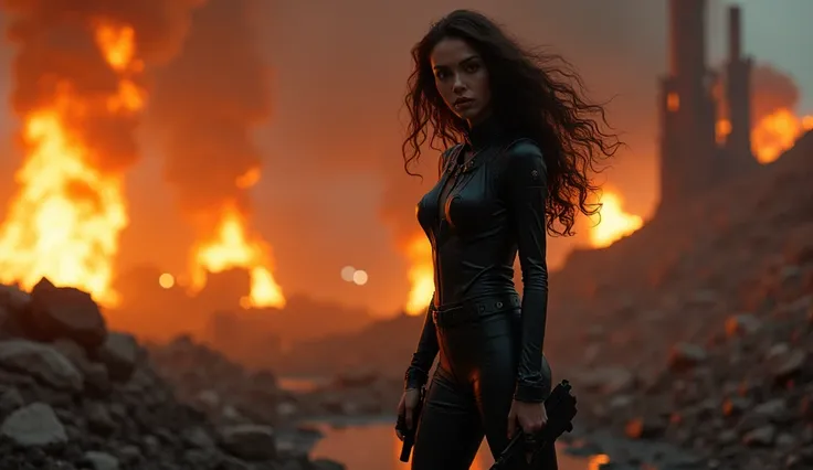 Dark, Masterpiece,HDR, Realistic, cenematic lights, a girl in black tight leather suit standing with a gun at the right side of the image ,long curvy hairs ,night,  fighting ,future , destroyed earth ,fire, highly detailed background 