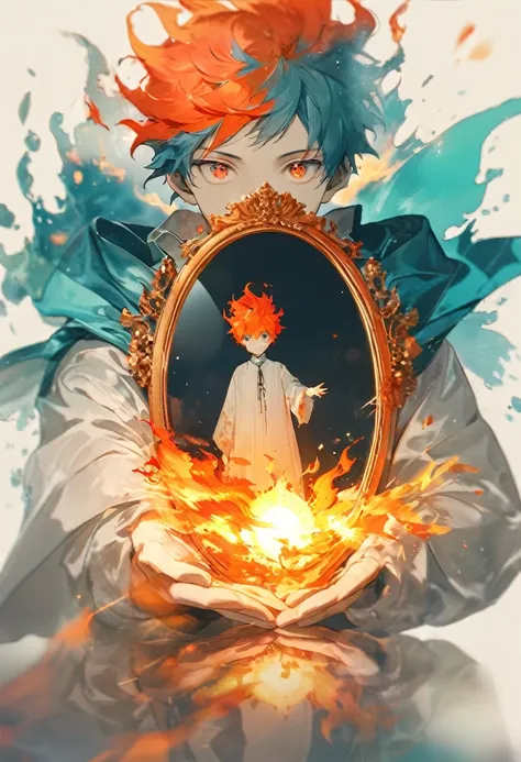 (masterpiece, best quality),(double exposure mirror: 1.2),male,Fire fairy boy, fiery hair, flame orbs appearing from his hands,floating in the air,simple white background,raised eyes, 
splash-color, retro photo,lens flare,