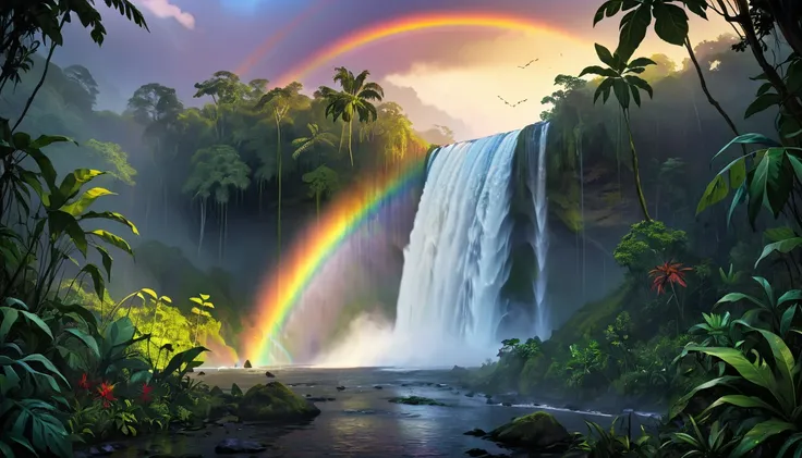 waterfall with rainbow, in a dark jungle at dawn