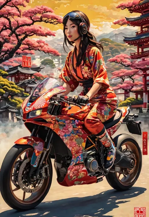 Girl riding a Ducati motorcycle、Motorcycle design featuring traditional Japanese patterns、A beautiful girl wearing a racing suit with a Japanese pattern、Japanese traditional art、Kimono-like Japanese style、Japanese style、Shangri-La、Pop Art、psychedelic、Highe...