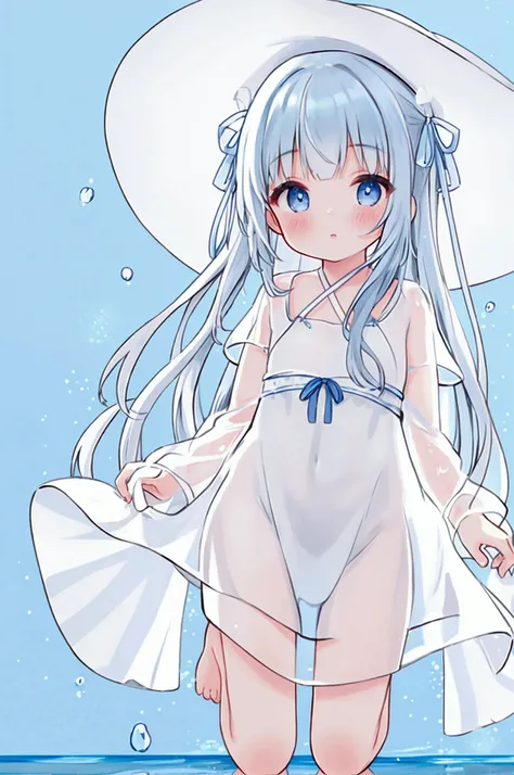 Girl,See-through dress、White dress、White hat、ribbon、See-through body lines、Blueish background、Water Background、reflected light、barefoot