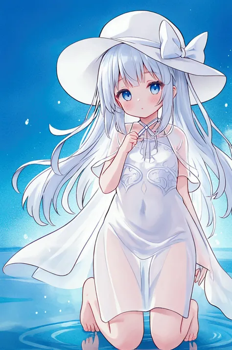 Girl,See-through dress、White dress、White hat、ribbon、See-through body lines、Blueish background、Water Background、reflected light、barefoot