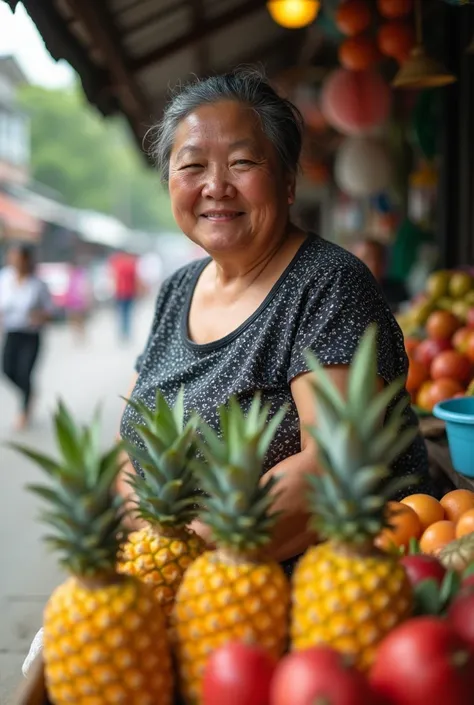 Mother selling pineapple rabutan Front capture in the picture age 40 years old chubby