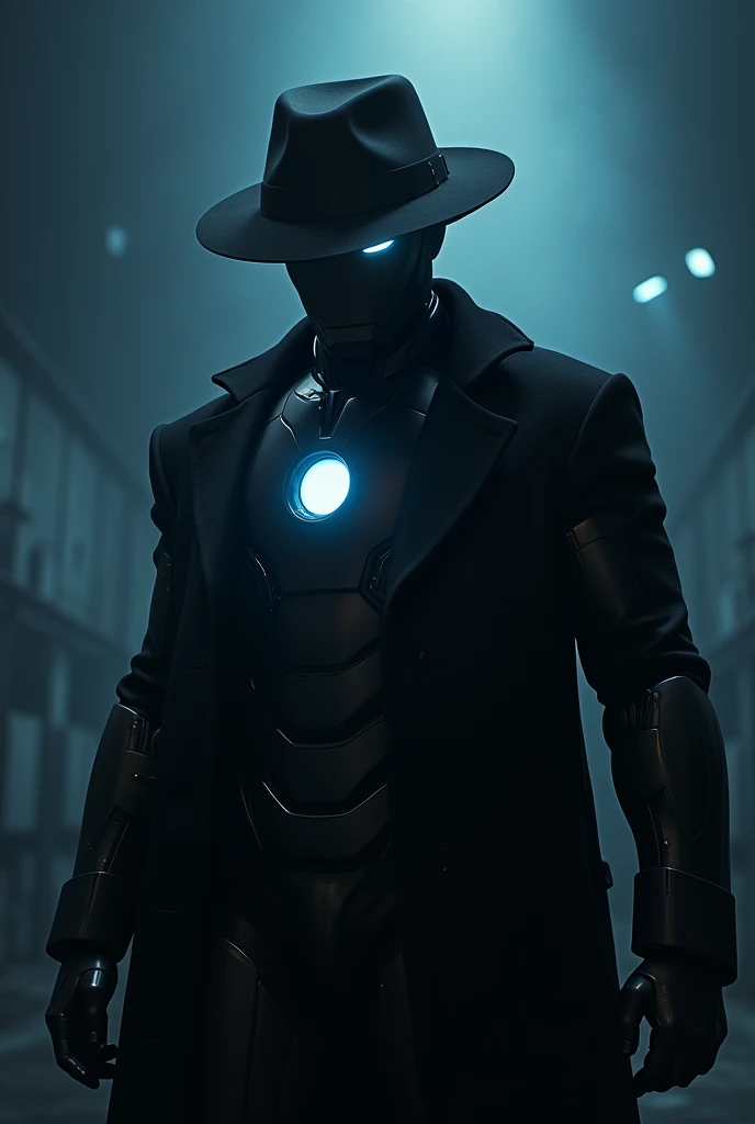 Iron man in dark room with black jacket and with his mas  some blue light in background killer look no human face only iron man with black jacket and hat 