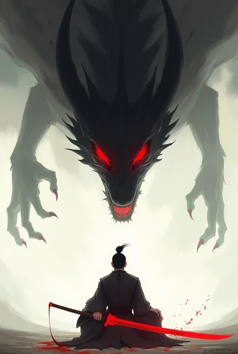 A stylized digital illustration features a seated figure in traditional attire, holding a red sword, with a large, dark dragon looming overhead. The dragons fierce red eyes and shadowy form contrast starkly against the light background, creating a dramatic...