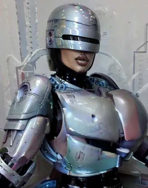 Female RoboCop, big breasts, beautiful woman, sexy body, lying on her back, graffiti all over her body.