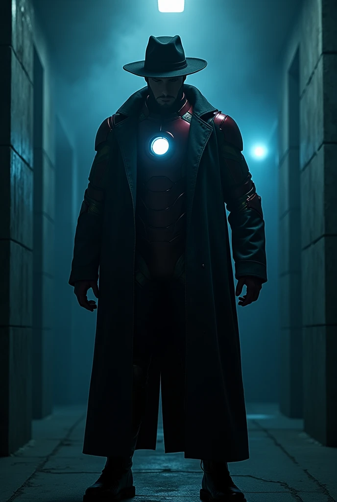 Iron man in dark room with black jacket and with his mas  some blue light in background killer look no human face only iron man with black jacket and hat  connect with jacket