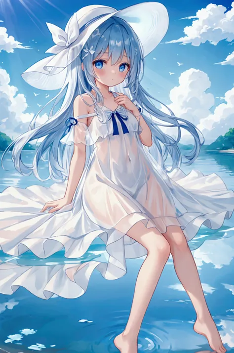 Girl,See-through dress、White dress、White hat、ribbon、See-through body lines、Blueish background、Water Background、reflected light、barefoot