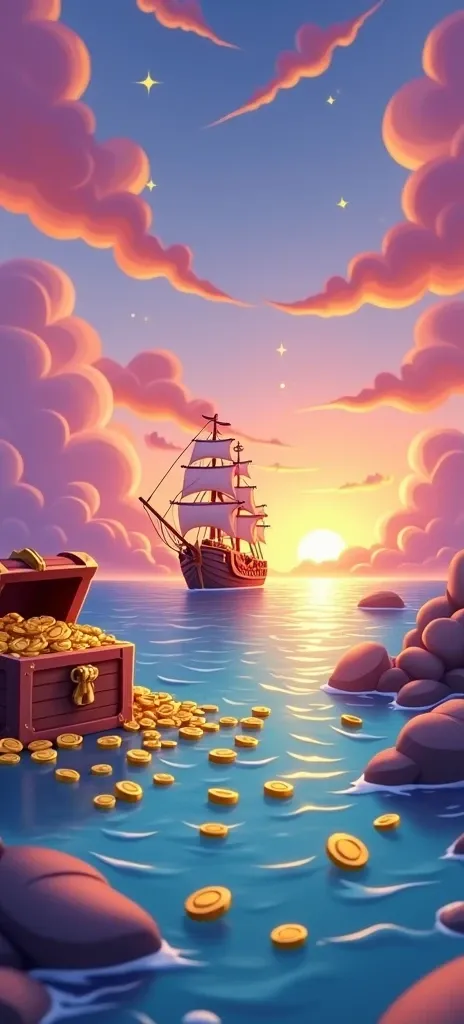 Design a vibrant and colorful cartoon-style background with a pirate ship in the distance, sailing on shimmering waters at sunset. The sky should have exaggerated, bold shades of pink, orange, and purple, with large fluffy clouds. Add more exaggerated gold...