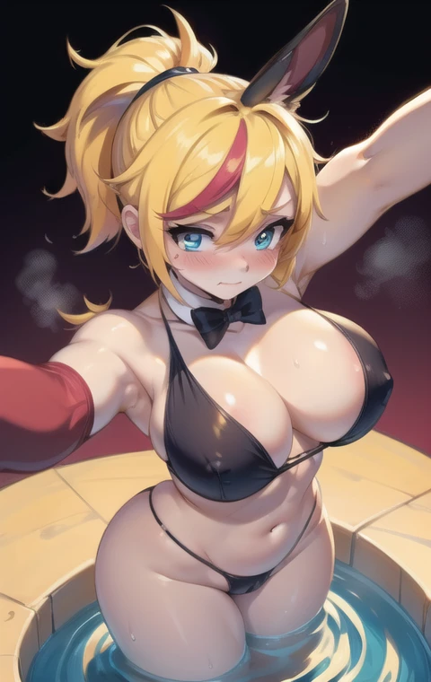 Selfie full body score_9,score_8_above,score_7_above, score_safe, Alone,1Girl,blue eyes,Yellow hair,multicolor fur,High ponytail,He drowned,neckline,curves,sweat,blush,Shy,colored eyes,covering the breasts, steaming body,black bikini,black rabbit ears,blac...