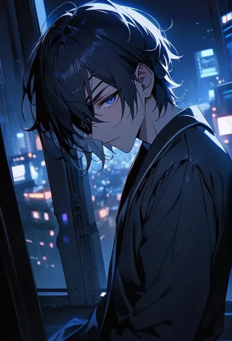 good looking, alone, 1 male, short hair, night, Black light、Looking this way、Attractive eyes。masterpiece, Highest quality, Anatomically correct, ,night景、Eye patch、Long Bangs、grey、Navy Blue