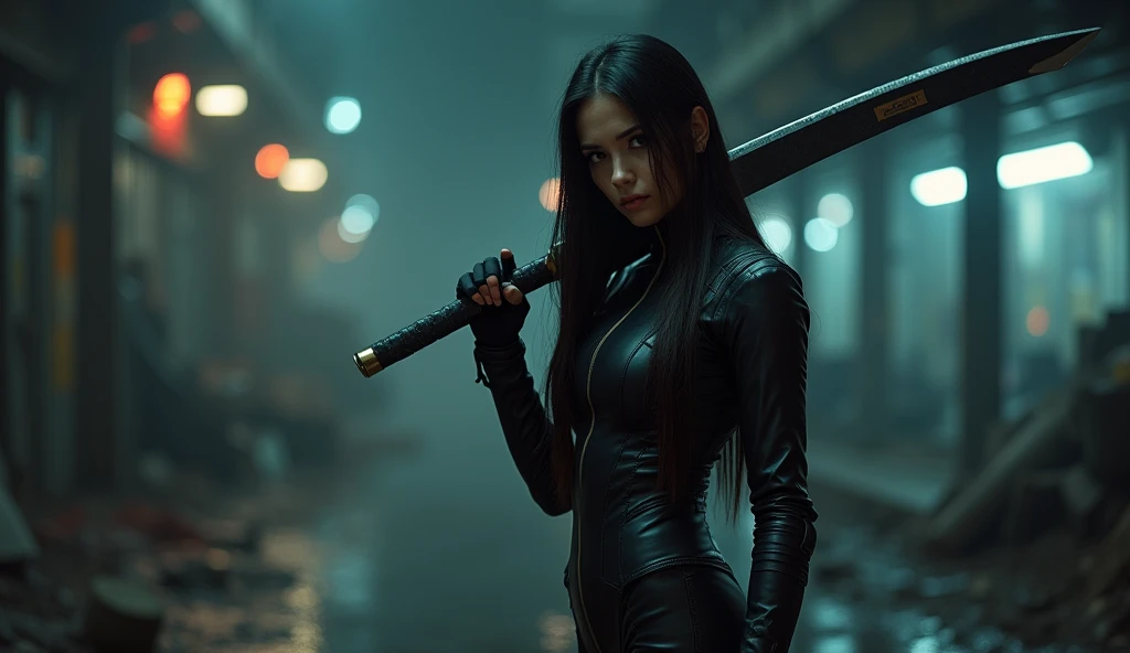 Dark, Masterpiece,HDR, Realistic, cenematic lights, a girl in black tight leather suit holding a huge sword on shoulder at the right side of the image ,long straight hairs ,night,  fighting ,future , highly detailed background 