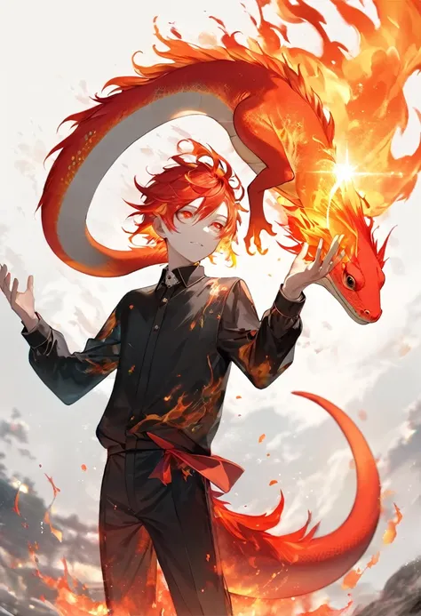 (masterpiece, best quality),(double exposure:1.2),male,Fire fairy boy, fiery hair, flame orbs appearing from his hands,floating in the air,simple white background,raised eyes, He has a red tail like a lizards on his ass.,
splash-color,lens flare,