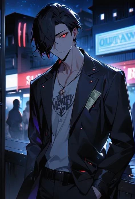 good looking, alone, 1 male, short hair, night, Black light、Looking this way、Attractive eyes。masterpiece, Highest quality, Anatomically correct, Hair that hides one eye, Cool vibe、視線はLooking this way。 Outlaw,night景、red、black、Money