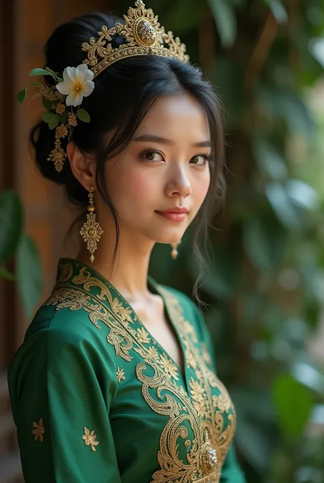 a cute young beautiful Thai woman.Wearing traditional Javanese clothes. The outfit must include a headdress., bun with detailed design and maybe floral elements and small Meti. The clothes should be rich in bright green colors and patterns., featuring trad...