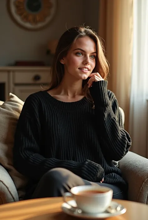 a woman sitting on a chair in her living room, a table in front of her, she is looking sideways, a cup of tea in front of her, smiling expression, sexy black wool sweater, intricate details, realistic, photorealistic, photo-realistic:1.90 , best quality,4k...