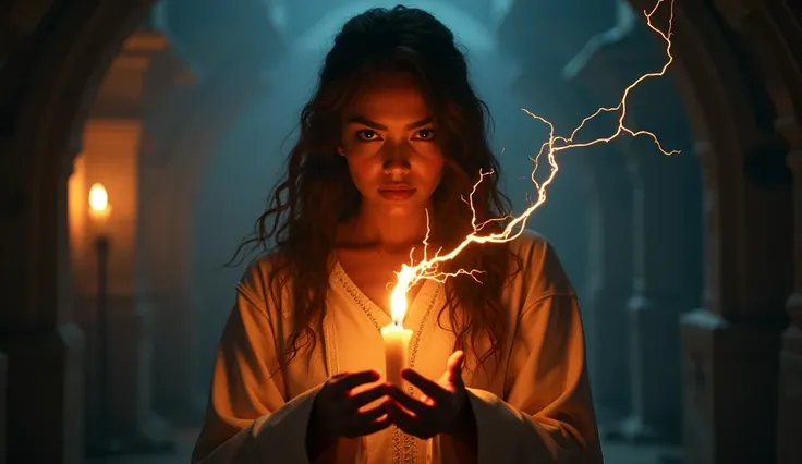 a woman holding a lit candle in front of her face, she has fire powers, from netflixs arcane, maya ali as d&d sorcerer, maya there as an ad&d sorcerer, the sorceress casting a fireball, emanating magic from her palms, maya ali sorcerer, Maya Ali as a light...