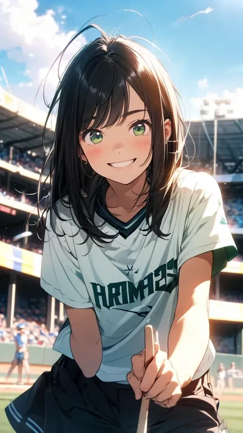 boyish, teenage girl, dark hair, medium hair, big smile, fair skin, green eyes,  watching baseball, baseball ground、ドジャース、