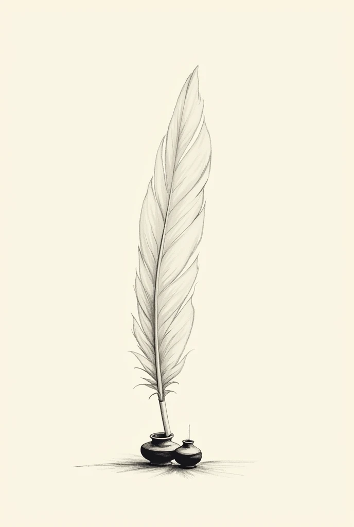 A minimalist sketch of a feather quill and inkwell, symbolizing creativity, literature, and the enduring power of the written word. with light color background for t-shirt design