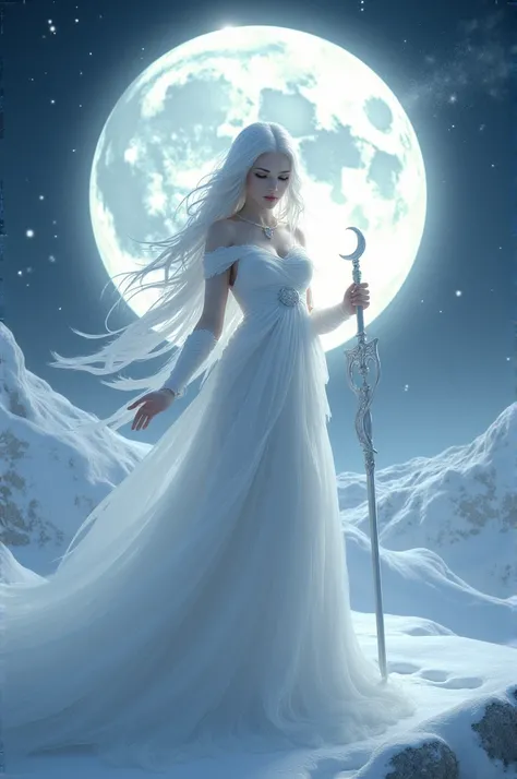 goddess of the moon, white, snowy, moon-shaped weapon, feminine.