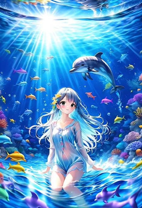 photo of a dolphin swimming in the colorful sea, light blue long hair、beautiful sexy girl with long hair in see-through pajamas、...