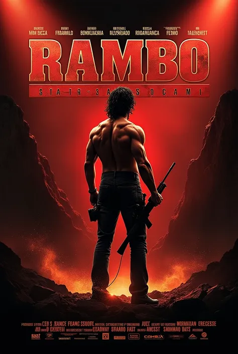 The advertising poster for "Rambo 3: Das Musical" is designed dramatically and strikingly, to capture attention immediately.

backdrop: A dark one, wild mountain landscape, which is reminiscent of the Afghan mountains from the film, dominiert den backdrop....