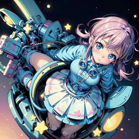 1girl,Perfect Anatomy、、Perfect joints、Highest quality、Masterpiece、Star Fairy、cyber punk、simple background、Kawaiitech、Big Goggles、one piece、Cute and unique scooter,KAWAII TECH,Depiction from above、