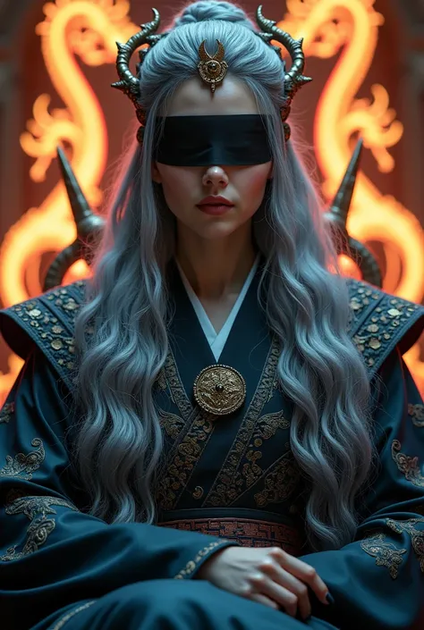 A Korean model woman wearing a dragon warrior dress, her hair is long with big curls ash gray with a crown, sitting in iron throne chair from the Game of Thrones, looking directly, wearing a black blindfold in her eyes. The background features the dragons ...