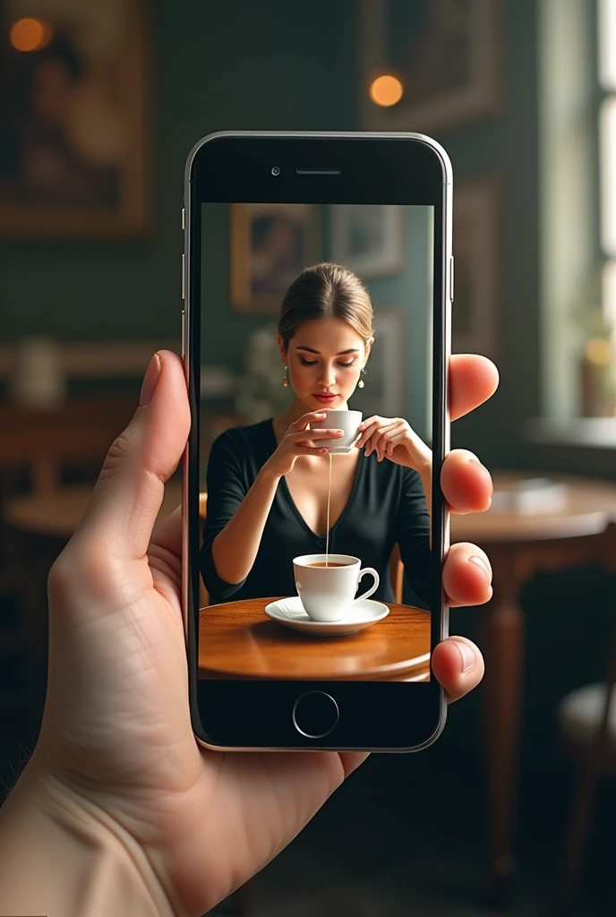 Create an image with a modern smartphone held in one hand. The smartphone screen should display a beautiful woman sitting at a table with a cup of tea creating the illusion that she is inside the phone. The theme should be realistic and high quality detail...