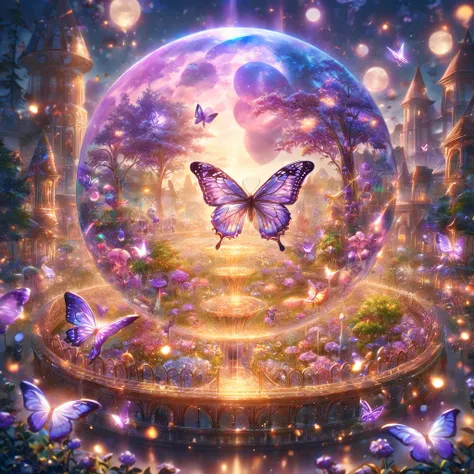 absurdres, highres, ultra detailed, HDR) master piece, best quality, extremely detailed, The World After The Fall, fantasy, magical, radiant, dust, purple flames, purple moon, purple flowers, purple butterflies, garden