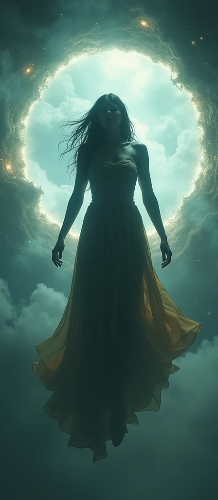 photo, portrait, intimidating Woman floating [a discovery of a wormhole leads to new worlds|a cursed prince must marry a monster], [scifi:fantasy:0.6] cinematic Lighting