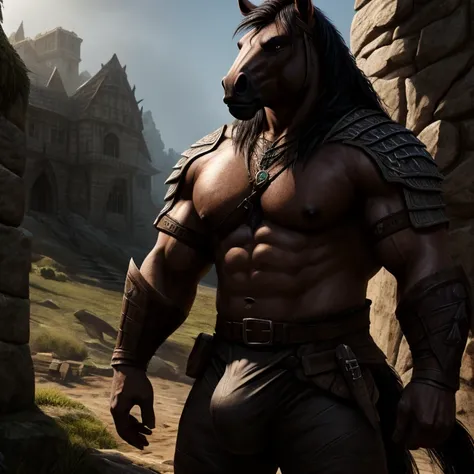 muscular horse anthro male, witcher, medieval fantasy, detailed genitalia bulge in pants, Exposed chest muscles and upper arms, Monster Hunter, hyper realistic, Black Hair, Brown skin, volumetric lighting, cinematic composition, dramatic shadows, intricate...