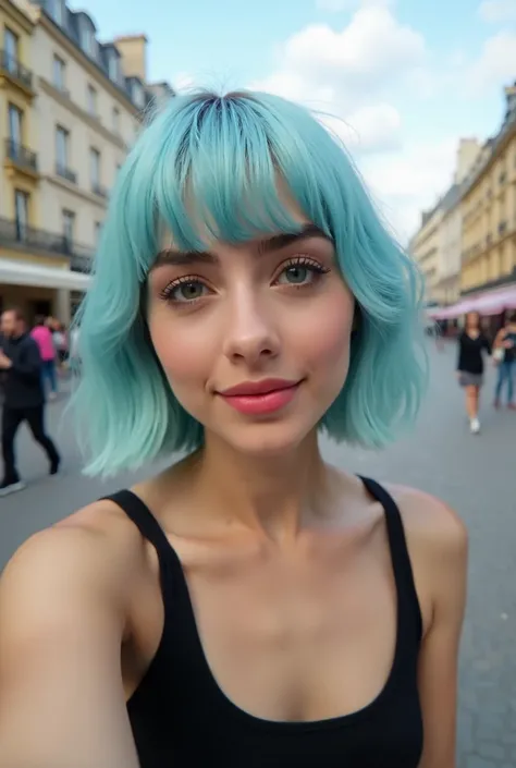 Create a new woman from this image she is 20 years old she is naturally beautiful she has a pastel blue bob haircut with bangs she has well-defined eyebrows she has a black tank top she is taking a selfie in Paris 