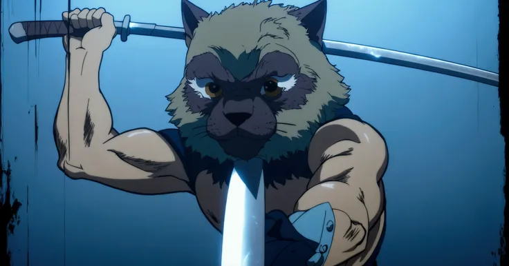 personagem de anime com uma espada e rosto de gato em uma parede, Legoshi de Beastars, captura de tela do anime guro, estilo de anime samurai afro, Gnoll, captura de tela do filme de anime, estilo de anime samurai afro, no filme de anime, akiyuki shinbou, ...